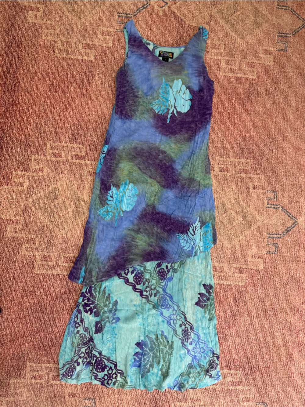 Tropical Tantrum layered Hawaiian print tie dye maxi tank crinkle dress small